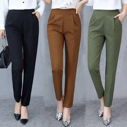 QRWR Pants Women 2020 Spring Autumn Casual High Waist Large Size Pants Korean Wild Solid Color Stretch Ankle Length Women Pants