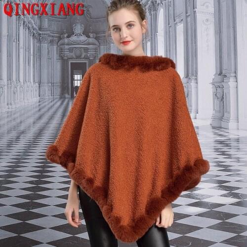 Khaki Plus Grain Velvet Warm Pullover 2021 Winter Faux Fox Fur Out Street Wear Women Triangle Big Pendulum Capes O Neck Fur Coat