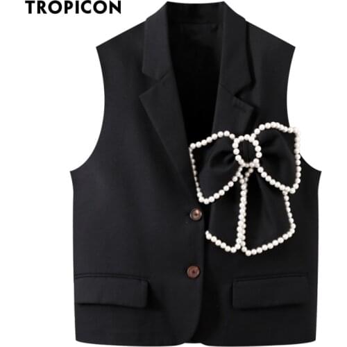 TROPICON Korean Fashion Vest Sleeveless Jackets For Women 2021 Black Pearl Bow Sleeveless Blazer Button Up Vest Waistcoat