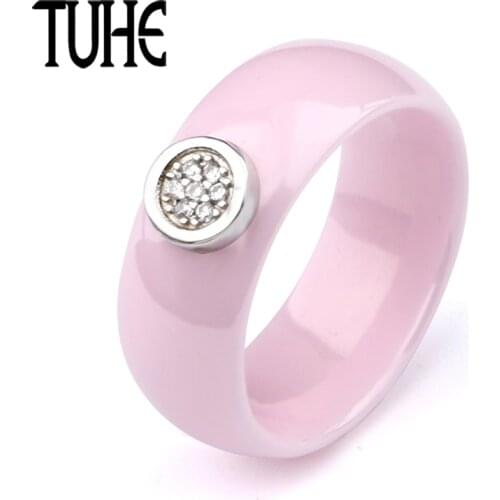 Lovely Pink Ceramic Ring 8MM Wide With Round Metal Women Wedding Engagement Ring Classic Black White Color Size 6/7/8/9/10/11/12