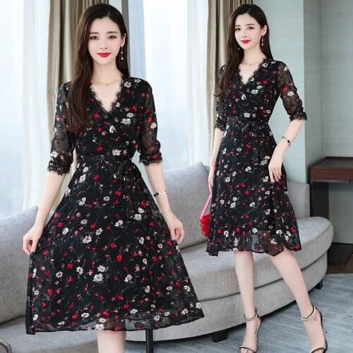 Plus Size Summer Floral Chiffon Boho Midi Dress 2021 New Elegant Women Black Beach Sundress Sexy Bodycon Dresses Party Vestidos