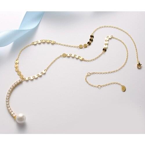 925 Silver 3A Grade CZ Pearl Long Pendant Necklaces for Women Gold Disc Round Sequins Coin Chain Necklaces 10pcs Lot Wholesale