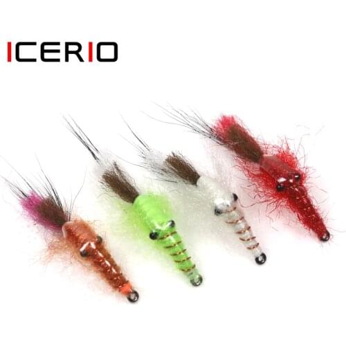 ICERIO 8PCS Saltwater Freshwater Glitter Shrimp Nymph Flies Sea Trout Fishing Fly Lures #4