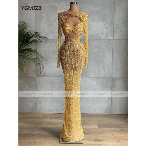 Glitter Gold Evening Dresses 2021 Mermaid Long Sleeves Beads Crystal Girls Women Formal Prom Party Gowns Custom Made