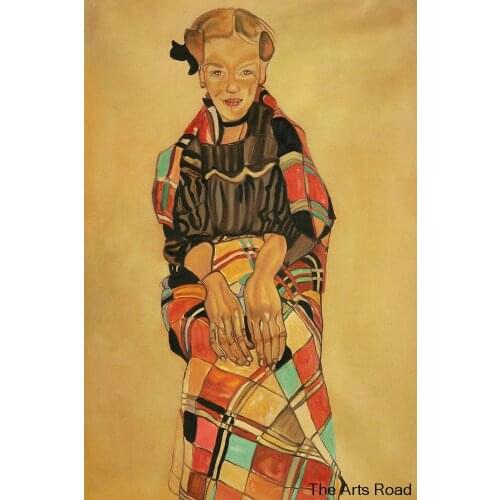 Girl in Black Pinafore, Wrapped in Plaid Blanket, 1910 by Egon Schiele Oil Painting Abstract Portrait Art Canvas Handpainted