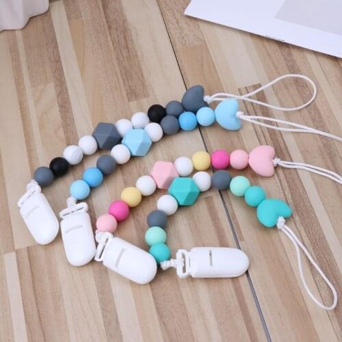Baby Teething Pacifier Chain Clips With Silicone Beads Nipples Holder Chew Toys