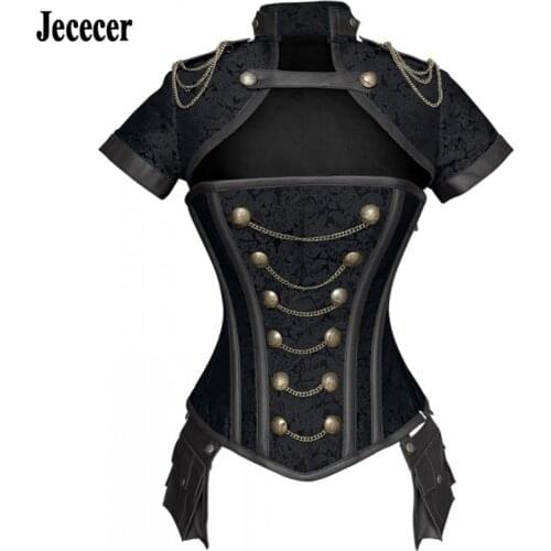 Jececer Steampunk Corset Gothic Bustier Vintage Black Red Floral Top for Women