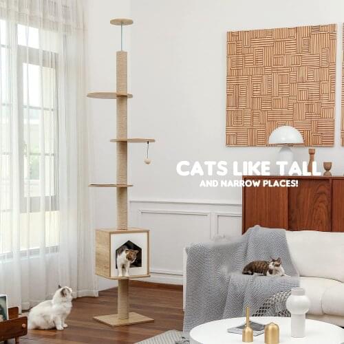 Cat Tree Floor to Ceiling Adjustable Activity Center High Kitten Multi-Level Condo with Scratching Post Pad Hammock Cat Tower