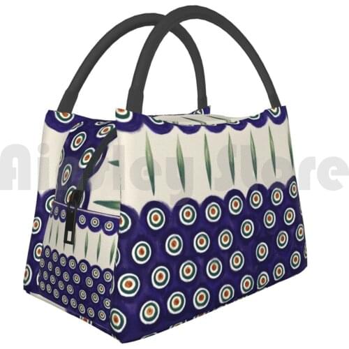 Cooler Lunch Bag Picnic Bag Let’S Polka Polka Poland Pottery Stoneware Glazed Cobalt Blue Folk Art Polish Boleslawiec