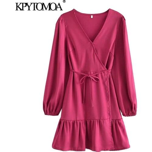 KPYTOMOA Women 2021 Fashion With Belt Ruffled Soft Touch Wrap Mini Dress Vintage V Neck Long Sleeve Female Dresses Vestidos