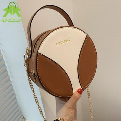 Fashion Chain Round Crossbody Bag For Women Luxury Handbag New High Quality PU Leather Splicing Small Shoulder Messenger Bags