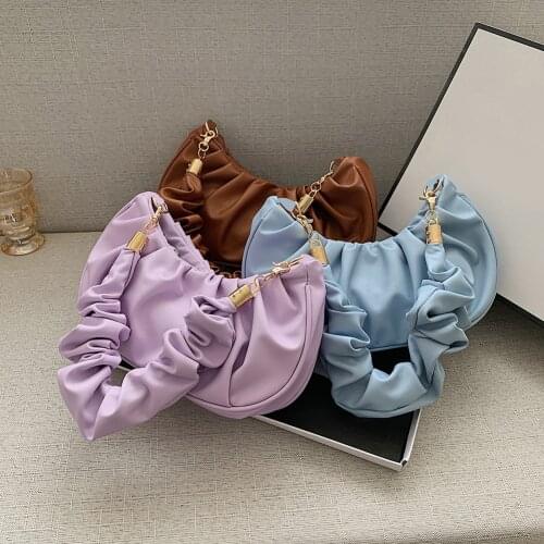 Fashion Women Pure Color Shoulder Bags PU Leather Underarm Bags Casual All-match Ladies Small Pleated Top-handle Hobos Handbags