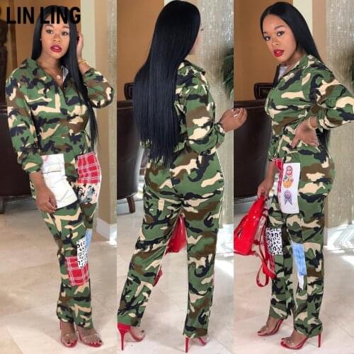 LINLING Fashion Slim Camouflage Diversified Printing Sexy Leisure Sports Long Sleeve Jumpsuit