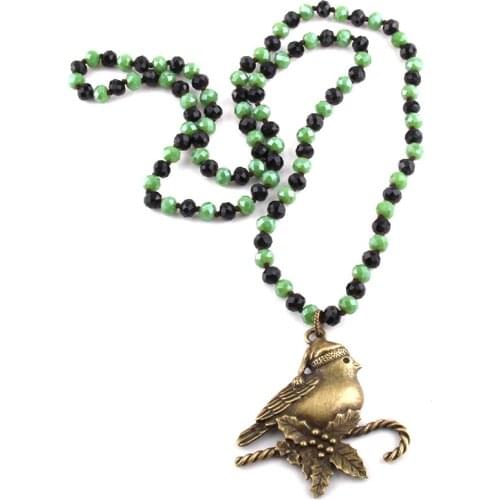 MOODPC Fashion Glass Long Knotted Crystal Necklaces Alloy Xmas bird Pendant Women Ethnic Necklace