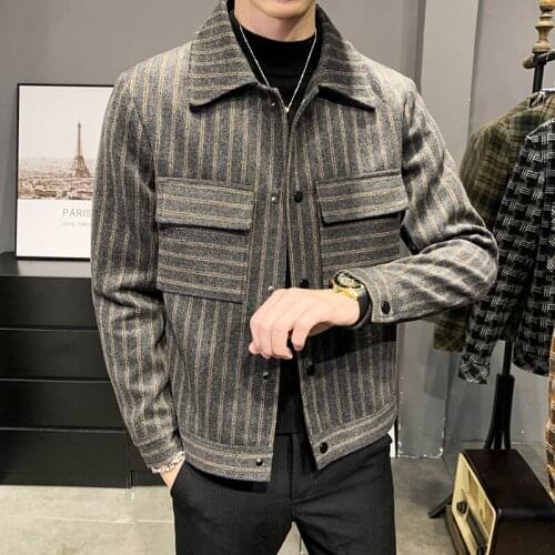 Mens Striped Wool Trench Jackets Turndown Collar Casual Loose Coats Autumn Winter Business Steetwear Windbreaker Male Clothing