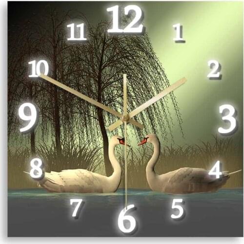 White Swan Couple Square Wall Clock Nursery Kids Room Décor Vintage Bird Art Simple Design Printed Wall Clock Housewarming Gift