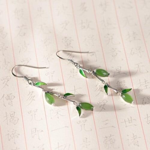 Natural Hetian Jasper small tassel Bamboo Earrings Chinese retro court style elegant designer unique silver jewelry