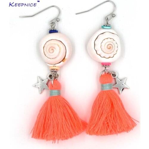 New Handmade Ethnic Dangle Earrings With Cotton Tassel Summer Sea Beach Bohemian Cowrie Shell Charm Earrings