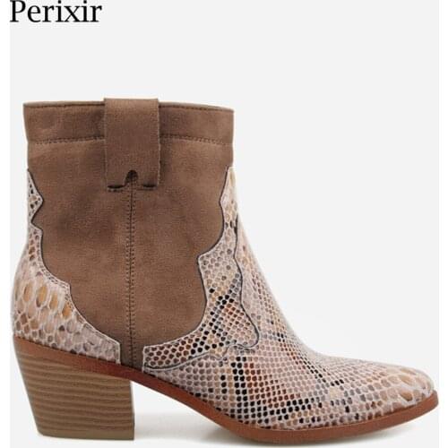 Perixir Women Zipper Boots Snake Print Ankle Boots Square Heel Fashion Pointed toe Ladies Sexy shoes 2020 Winter Chelsea Boots