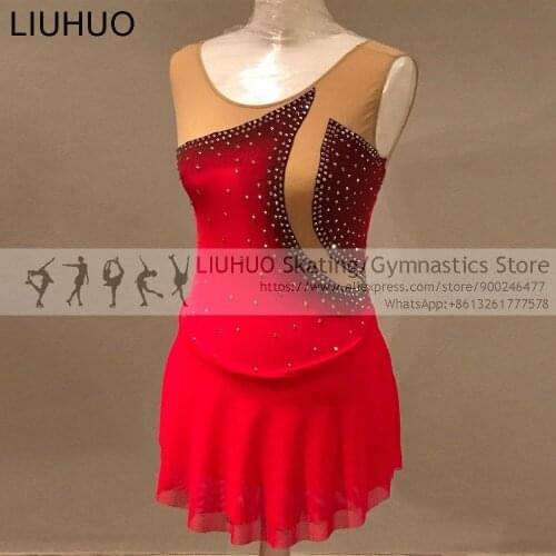 Figure Skating Dress Girls Red Spandex Competition Child Sleeveless Gradual Performance Wear Rhythmic Ballet Leotard Wholesale