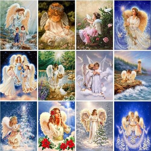 Religious DIY 5D Diamond Painting Cross Stitch Full Round Drill Resin Angel Girl Baby Diamond Embroidery Rhinestones Home Decor