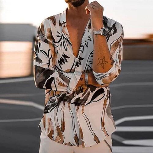 Pattern Print Shirt For Men Spring Summer Shirt Printed Loose Men Long Sleeve Lapel Shirts Top Fashion Male Clothing Streetwear