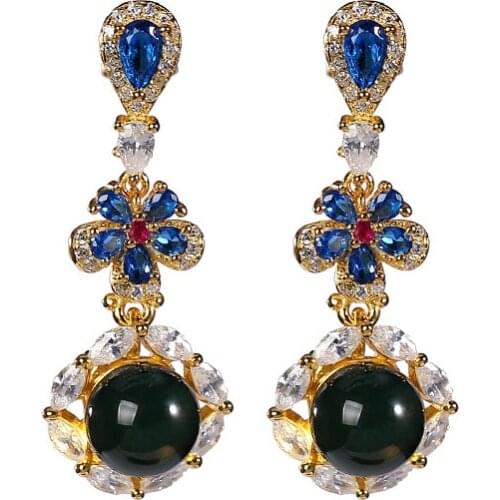 S925 sterling silver gold-plated natural Mexican blue amber stud earrings dignified flowers earring pendant dual-use