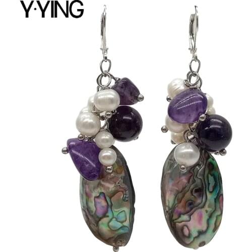 Y·YING natural Freshwater White Pearl Amethysta Abalone Shell dangle Leverback Earrings handmade for women