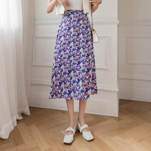 2021 Spring & Autumn New Elastic High Waist Slim Chiffon Retro Floral Skirt Casual Simple Women A-line Long Skirt Free Shipping