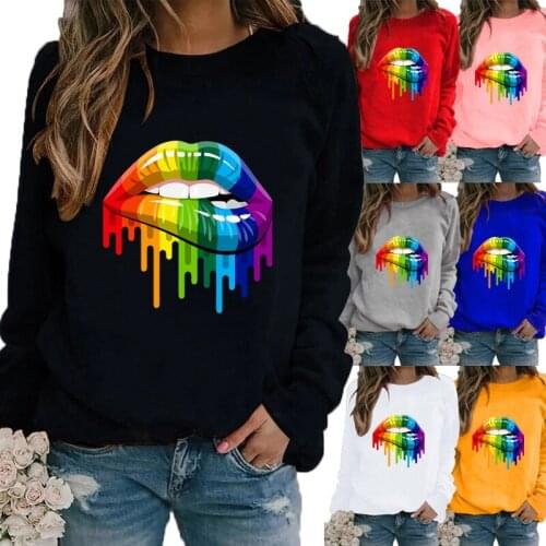 Womens Winter Loose Multicolor Lips Printed Round Neck Comfortable Sports T-shirt Casual Long Sleeve Tops Sweatshirt Plus Size