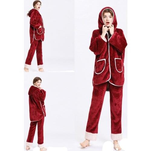 Two Pieces Women Sleepwear Winter Warm Coat and Pants Velvet Lapel with Pockets Nightwear Cheap Stock Size M L
