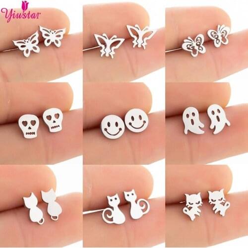 Horror Silver Color Smiley Face Stainless Steel Earrings Female for Women Funny Smiling Face Butterfly Cat Earrings Jewelry 2020