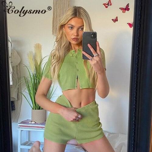 Colysmo Ribbed Knitted 2 Piece Shorts Sets Buttons Short Sleeve Crop Top High Waisted Shorts Set Loungewear Women Casual Suit