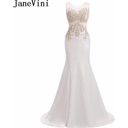 JaneVini Elegant White Long Bridesmaid Dresses for Women Beaded Pearls Scoop Neck Mermaid Formal Prom Gowns Robe Longue Satin