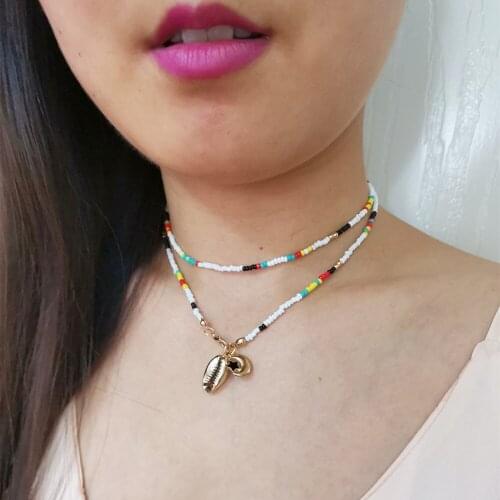 2021 New Design Alloy Heart Leaf Shell Crescent Pendant Long Bead Chain Necklace Bohemian 2 Layer Biservice Clavicle Necklace