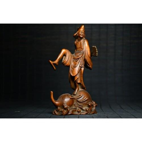 5" China Lucky Seikos Boxwood Jigong Living Buddha Statue Take a fan and step on the gourd Monk Daoji Help the world Enshrine