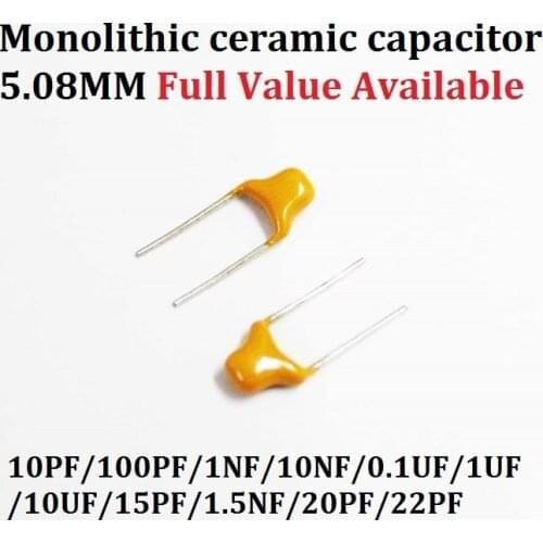 50PCS Monolithic Multilayer ceramic capacitor 100/101/102/103/104/105/106/150/152/200/220/ 50V 10PF/100PF/1NF/10NF/0.1UF/ 5.08MM