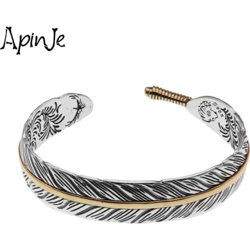 Apinje High Quality Men Fine Jewelry Bangle 925 Sterling Silver Thai Silver Personality Fashion Feathers Open Bangles