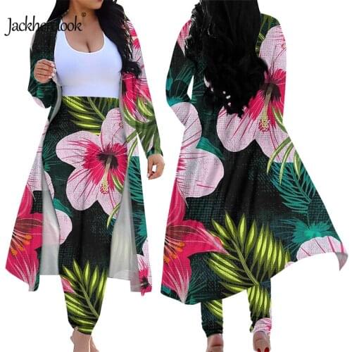 Jackherelook Tropical Hawaiian Floral Print Elegant 2 Piece Cardigan High Waist Pants Spring Autumn Outfits Two Set Leggings