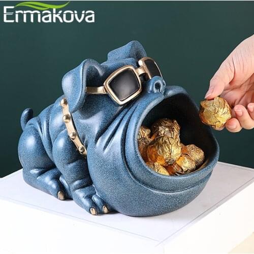 ERMAKOVA Resin Cool Dog Figurine Key Storage Remote Control Storage Box Animal Statue Piggy Bank Home Decoration Coin Bank