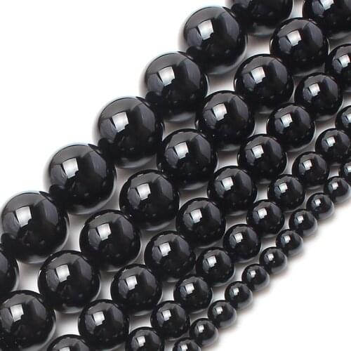 Smooth Black Agates Natural Stone Beads Round Onyx Loose Beads For Jewelry Making DIY Ear Studs Bracelet 15"Strand 4/6/8/10/12mm
