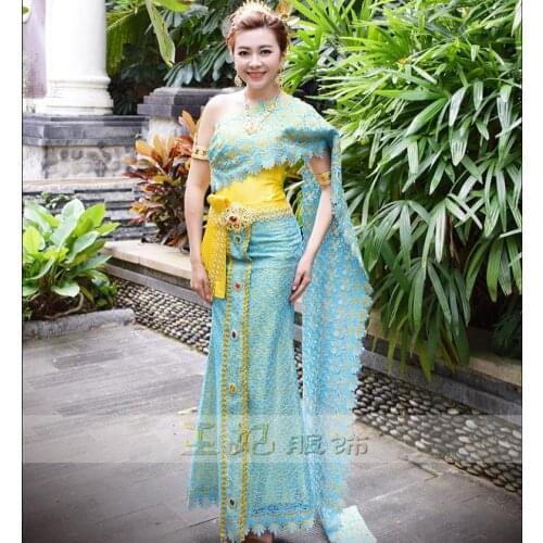 Dai princess Clothing blue Thailand costumes Thai fashion show photo gallery Wear annual meeting Host Outfit Hotel Use Uniform