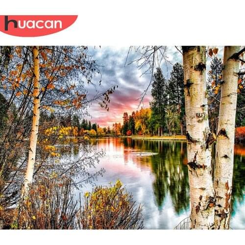 HUACAN Diamond Painting Autumn Riverside Scenery Full Square/Round Home Art Diamond Mosaic Tree Home Decoration
