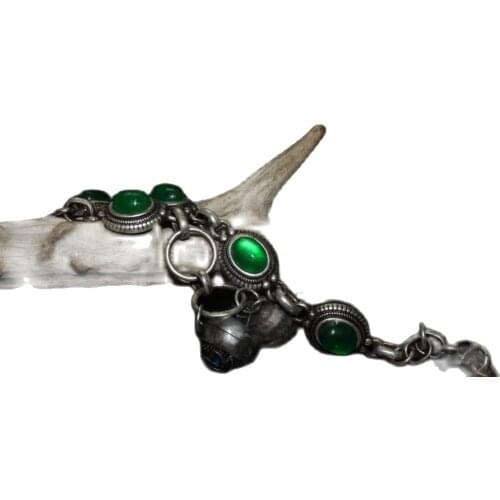 Chinese old craft Old Tibetan silver inlaid Green jade inlaid Tibetan silver with bell bracelet