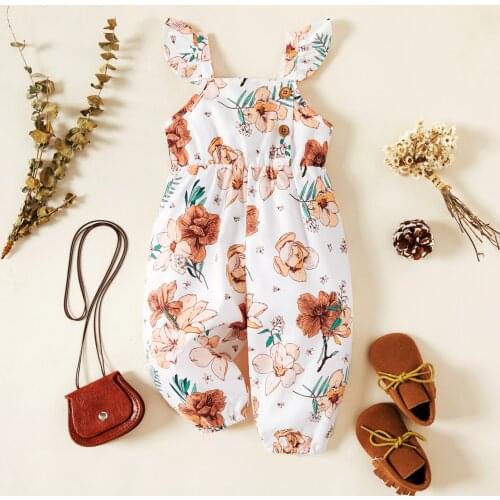 PatPat Baby Girl Solid Brown/White Floral Print Flutter-sleeve Jumpsuit Overalls
