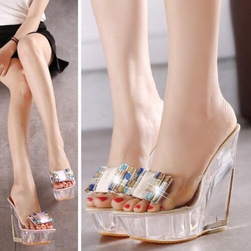 Summer Sexy 14CM High Heel Slippers Transparent Crystal Platform Wedges Jelly Sandals Fashion Colorful Peep Toe Beach Shoes