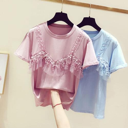 Summer Women t shirt short-sleeve patchwork lace beading tshirt cotton tops