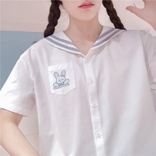 2020 Summer Cute White Shirts Vintage Soft Girl Sailor Collar Rabbit School Uniform Blouses Women Harajuku Kawaii Bunny Tops