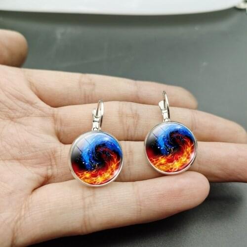 Fashion Yin Yang Ice Fire Tai Chi Round Convex Glass Earrings Men and Women Same Jewelry Gift 2021