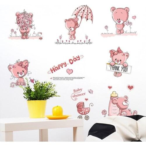 Cartoon animal Happy Pink Bears Wall Sticker for Kids Room Home Decor Waterproof Living Room Bedroom Removable Art Decals Mural